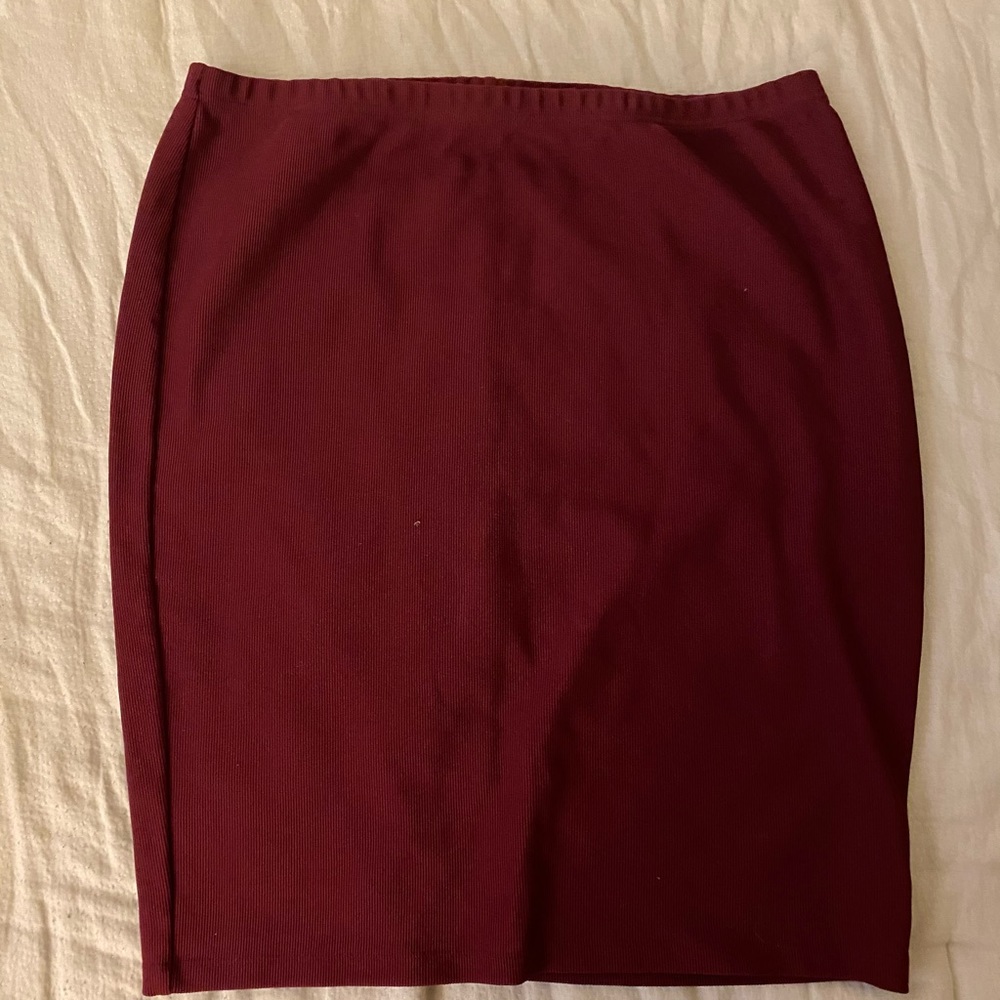 Knee Length Burgundy Oxblood Ribbed Skirt Plus